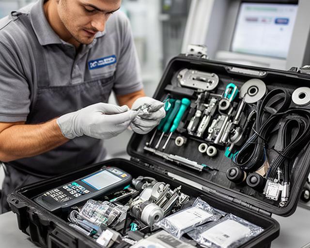 ATM technician inspecting genuine replacement parts in a stocked service kit