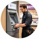 Singapore ATM field engineer inspecting a cash dispenser beside a retail kiosk